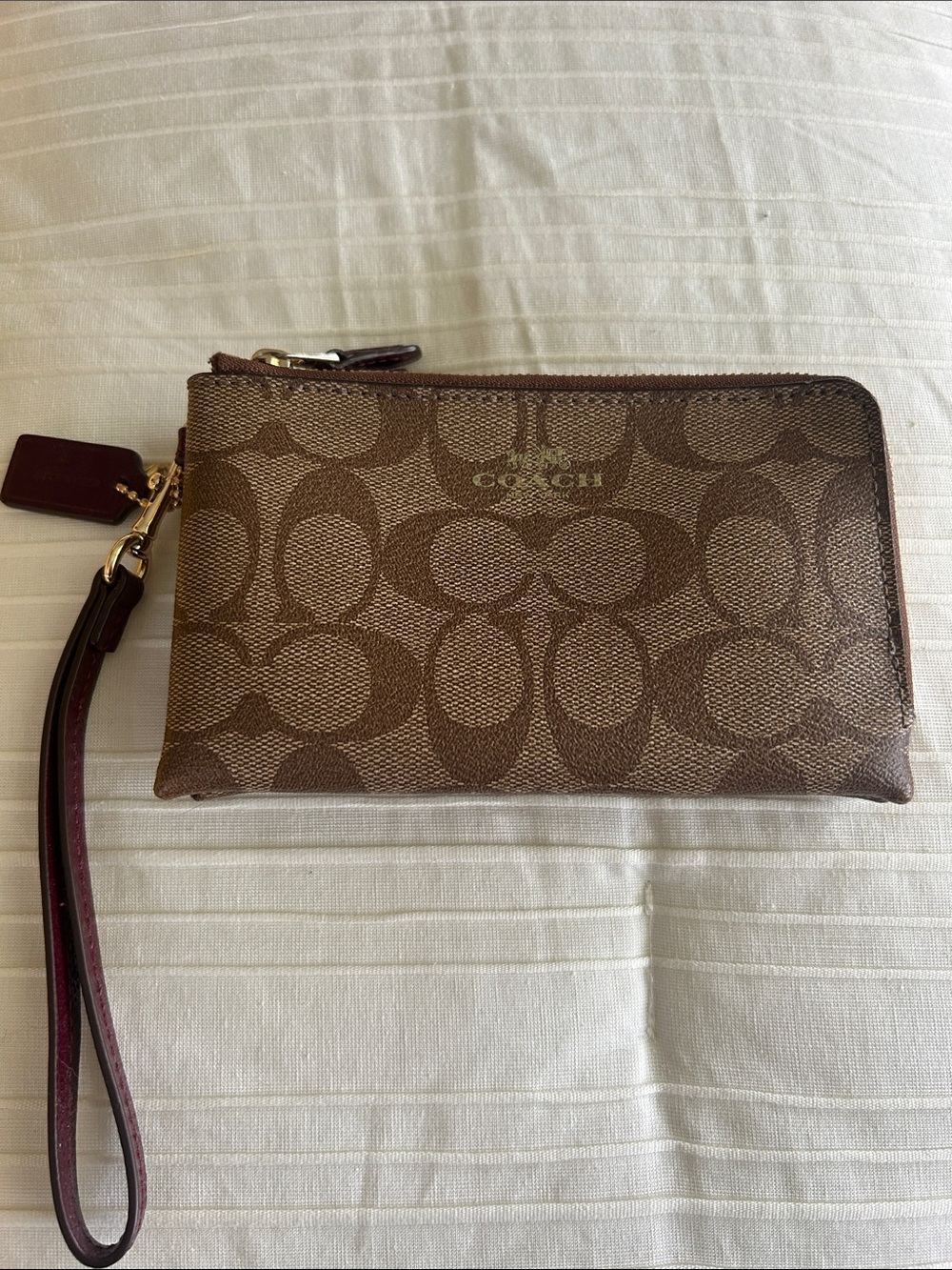 Coach Brown Signature Canvas Wristlet with Dark Brown Trim